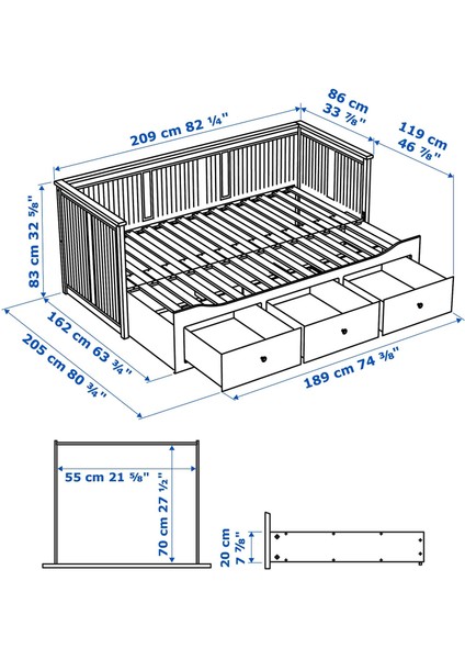 Hemnes 80X200 cm Açılabilir Divan ve Saklama Alanı, Beyaz, Divan, Bazalı, Çekyat Akdenizshop