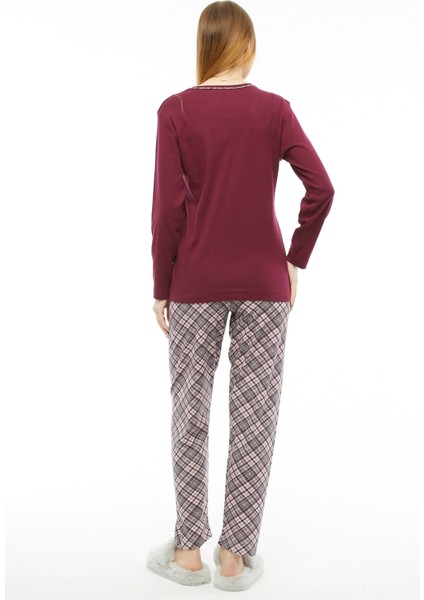 Kadın Pijama Bordo Ekose Ribana Uzun Kol Pamuk Pijama Takımı 6881 fiyatları