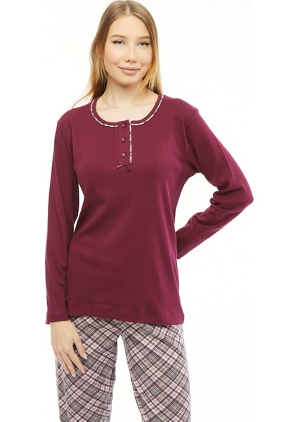 Kadın Pijama Bordo Ekose Ribana Uzun Kol Pamuk Pijama Takımı 6881 modelleri