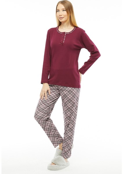 Kadın Pijama Bordo Ekose Ribana Uzun Kol Pamuk Pijama Takımı 6881 fırsatları