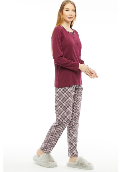 Kadın Pijama Bordo Ekose Ribana Uzun Kol Pamuk Pijama Takımı 6881 indirimleri