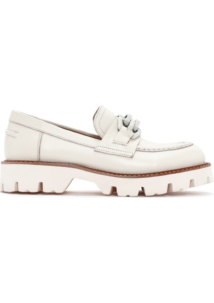 Kadın Krem Deri Maskülen Loafer