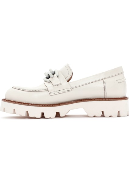 Kadın Krem Deri Maskülen Loafer