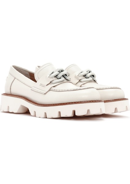 Kadın Krem Deri Maskülen Loafer