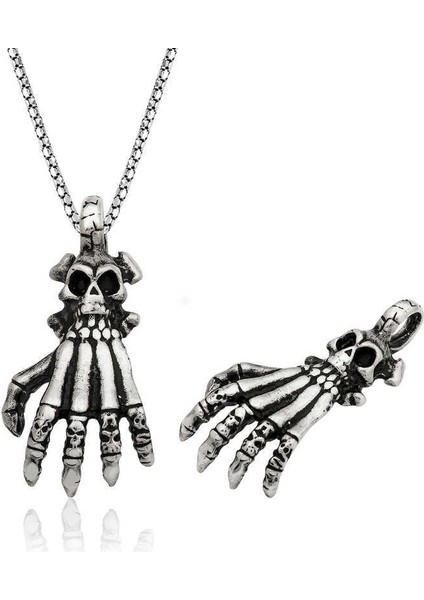 Gümüş Kuru Kafa El Erkek Kolye