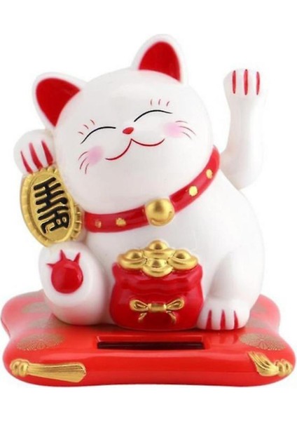 Maneki Neko El Sallayan Şans Kedisi Beyaz Solar Güneş Enerjili 7.5 cm