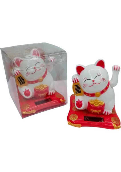 Maneki Neko El Sallayan Şans Kedisi Beyaz Solar Güneş Enerjili 7.5 cm