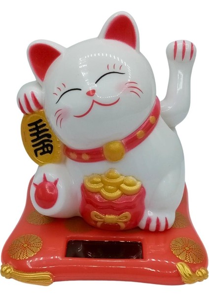 Maneki Neko El Sallayan Şans Kedisi Beyaz Solar Güneş Enerjili 7.5 cm