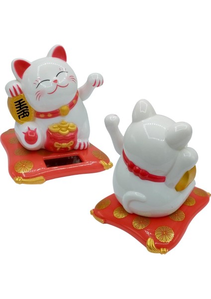 Maneki Neko El Sallayan Şans Kedisi Beyaz Solar Güneş Enerjili 7.5 cm