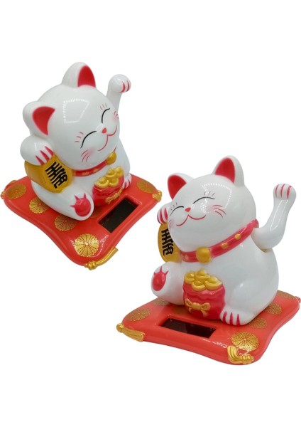 Maneki Neko El Sallayan Şans Kedisi Beyaz Solar Güneş Enerjili 7.5 cm