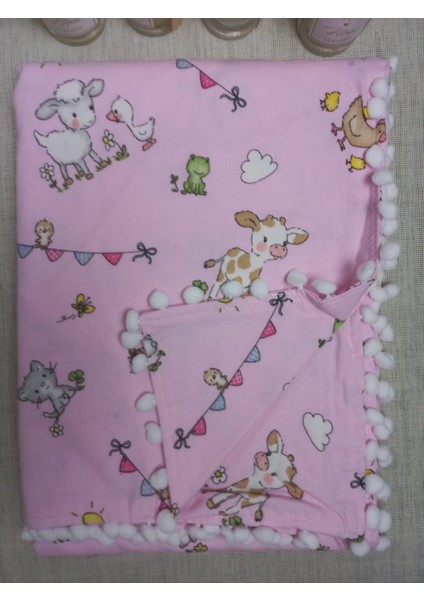 Pambiq Bebe Pazen Pembe Kuzu Motifli Ponponlu  Bebek Battaniyesi 110X105CM