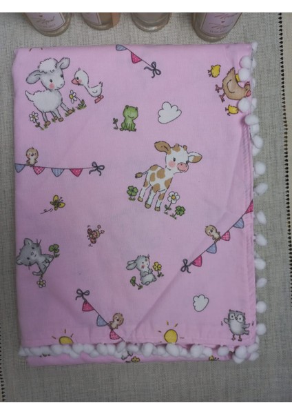 Pambiq Bebe Pazen Pembe Kuzu Motifli Ponponlu  Bebek Battaniyesi 110X105CM