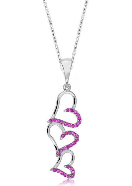 Gümüş Pembe Üç Kalpli Bayan Kolye