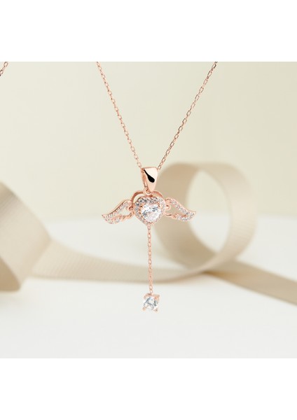 925 Ayar Rose Kaplama Kalpli Zirkon Taşlı Melek Kanadı Gümüş Kolye