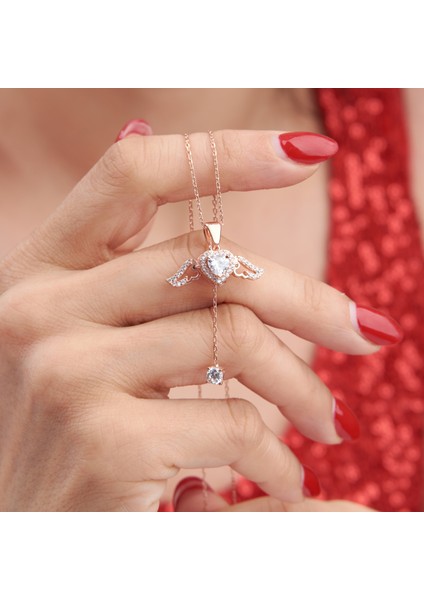 925 Ayar Rose Kaplama Kalpli Zirkon Taşlı Melek Kanadı Gümüş Kolye fiyatları