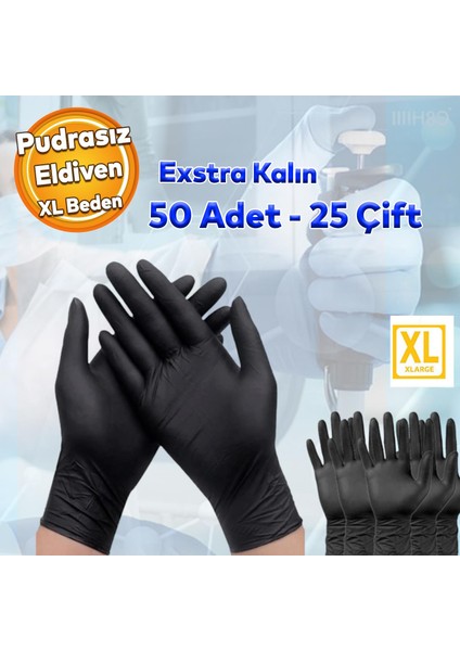 Haspet Ekstra Kalın Pudrasız Nitril Muayene Eldiveni Siyah Xlarge Xl Beden Hijyenik Eldiven 50 Adet