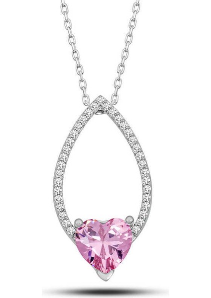 Gümüş Pembe Taşlı Kalp Kadın Kolye