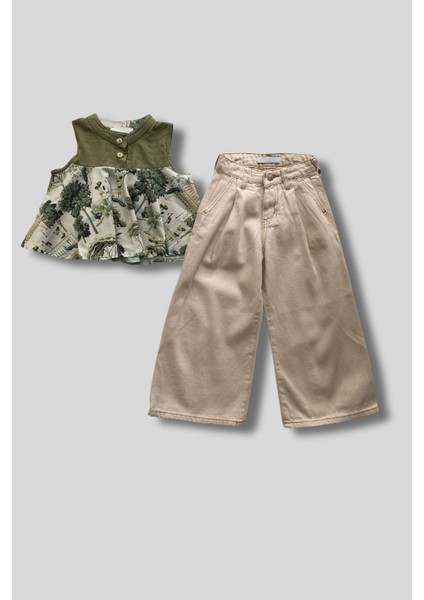 Turuncu Gardrop 4-8 Yaş India Desenli Bluz Ispanyol Kot Kız Çocuk Takım Yeşil