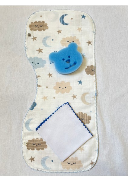 Müslin Çift Katlı Çıtçıtlı Mama Önlüğü/ Omuz Örtüsü (Banyo Süngeri & Penye Mendil )