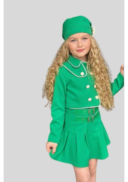 Turuncu Gardrop Biyeli Ceket Etek Ve Şapkalı Kız Takım Yeşil