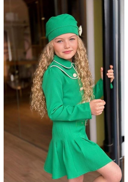 Turuncu Gardrop Biyeli Ceket Etek Ve Şapkalı Kız Takım Yeşil modelleri
