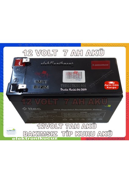 Umut Bilişim - Pilsan Çocuk Araba Araç Oyuncak Uyumlu 12 Volt 7 Amper Bakımsız Kuru Akü 12V 7AH