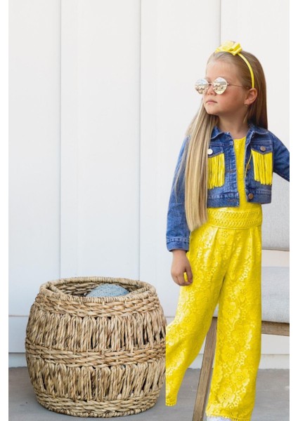 Turuncu Gardrop Kot Ceketli Dantelli Kız Çocuk Tulum Sarı