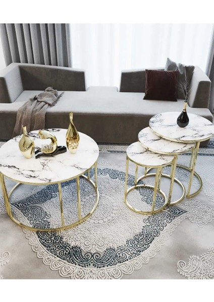 4 Lü Beyaz Mermer Temperli Kırılmaz Cam Gold Metal Ayaklı Cam C Model Sehpa Takımı (Zigon ve Orta)