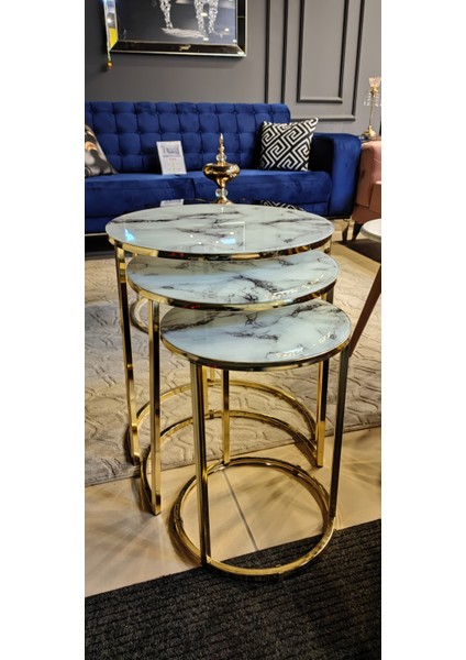 4 Lü Beyaz Mermer Temperli Kırılmaz Cam Gold Metal Ayaklı Cam C Model Sehpa Takımı (Zigon ve Orta) modelleri