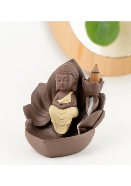 Zen Oturan Buddha Geri Akışlı Şelale Tütsülük (Kahverengi):