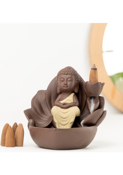 Zen Oturan Buddha Geri Akışlı Şelale Tütsülük (Kahverengi):