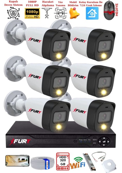 6 Kameralı 5Mp Lens 2 Mp Görüntü Gece Renkli Full Hd Ultra Led Akıllı Güvenlik Kamerası Seti 320GB