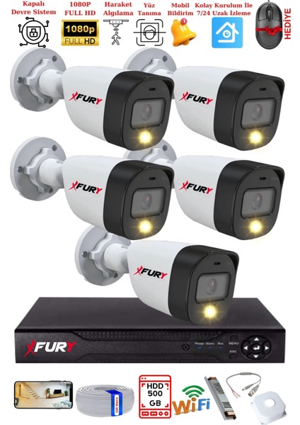 5 Kameralı 5Mp Lens 2 Mp Görüntü Gece Renkli Full Hd Ultra Led Akıllı Güvenlik Kamerası Seti 500GB