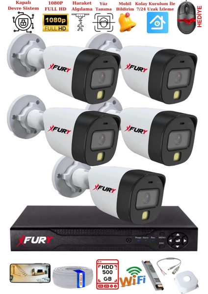 5 Kameralı 5Mp Lens 2 Mp Görüntü Gece Renkli Full Hd Ultra Led Akıllı Güvenlik Kamerası Seti 500GB fiyatları