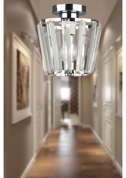 Tek Ebat Neva Tavan Montaj Tekli Avize Krom E27 20 -34 cm Modern Kristal Taş 1 Bej