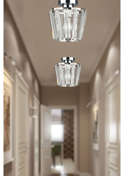 Tek Ebat Neva Tavan Montaj Tekli Avize Krom E27 20 -34 cm Modern Kristal Taş 1 Bej
