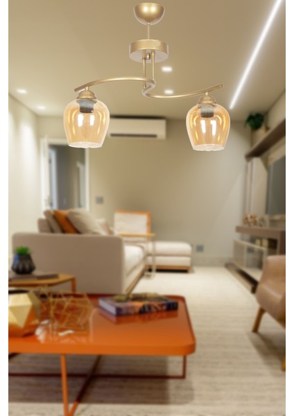 Altın Fuji Modern Tasarım Eskitme Kasa Bal Camlı Salon - Mutfak - Yatak Odası 2 Li Avize Mutfak 46