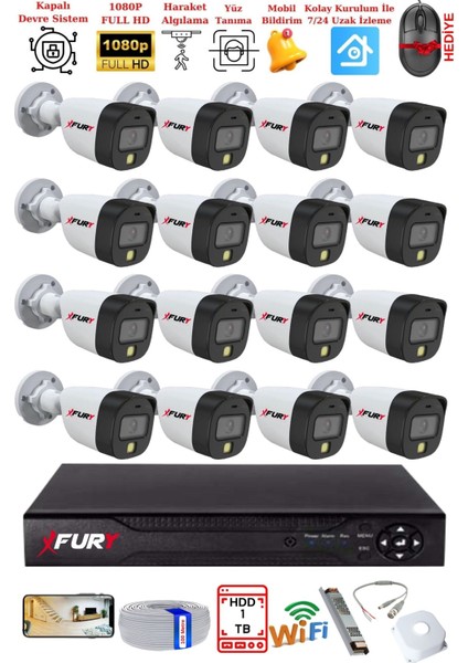 16 Kameralı 5mp Lens 2 Mp Görüntü Gece Renkli Full Hd Ultra LED Akıllı Güvenlik Kamerası Seti 1 Tb