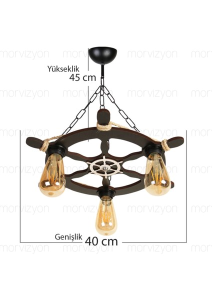 Rustik Ahşap Avize Dümen Temalı 3 Lü - M253 Renkli Modelller Ahşap 35 - 50 3 40 x 45 E27 Siyah