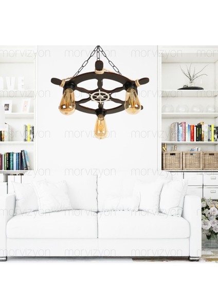 Rustik Ahşap Avize Dümen Temalı 3 Lü - M253 Renkli Modelller Ahşap 35 - 50 3 40 x 45 E27 Siyah