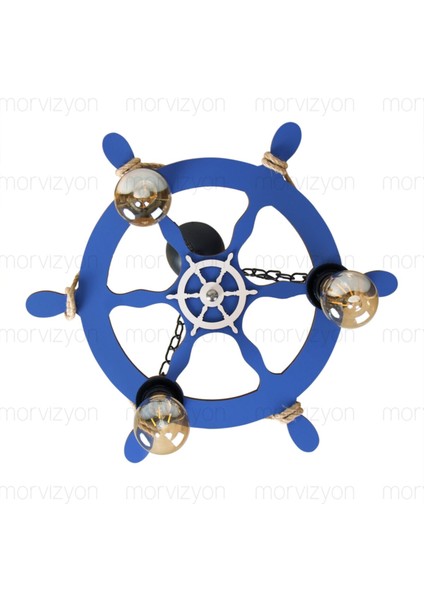 Ahşap Ahşap Avize Dümen Temalı 3 Lü - M253 Renkli 35 - 50 E27 Rustik 40 x 45 3 Mavi