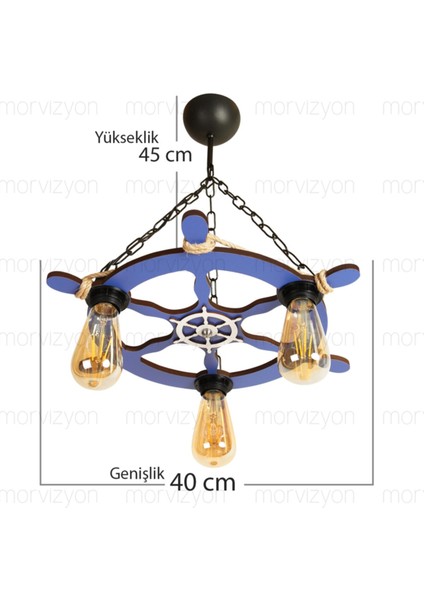 Ahşap Ahşap Avize Dümen Temalı 3 Lü - M253 Renkli 35 - 50 E27 Rustik 40 x 45 3 Mavi