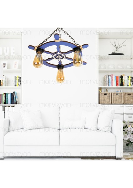 Ahşap Ahşap Avize Dümen Temalı 3 Lü - M253 Renkli 35 - 50 E27 Rustik 40 x 45 3 Mavi