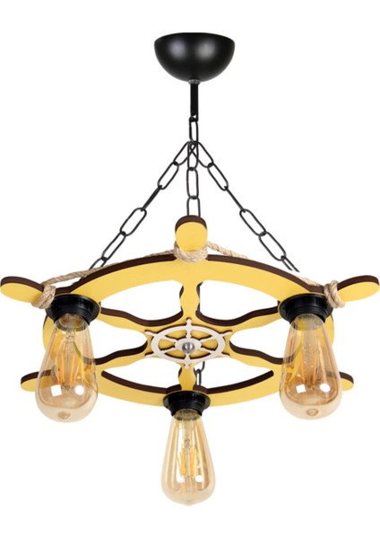 Ahşap Ahşap Avize Dümen Temalı 3 Lü - M253 Renkli Sarı 3 Rustik 35 - 50 40 x 45 E27