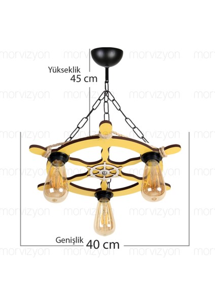 Ahşap Ahşap Avize Dümen Temalı 3 Lü - M253 Renkli Sarı 3 Rustik 35 - 50 40 x 45 E27
