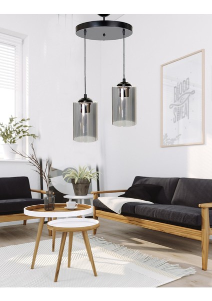 Modern Dora Black 2 Salon Cam Avize 81-90 cm 2 E27 Siyah Cam Tek Ebat