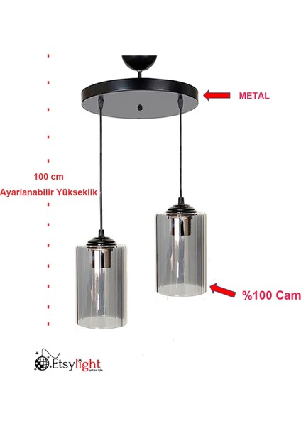 Modern Dora Black 2 Salon Cam Avize 81-90 cm 2 E27 Siyah Cam Tek Ebat fiyatları