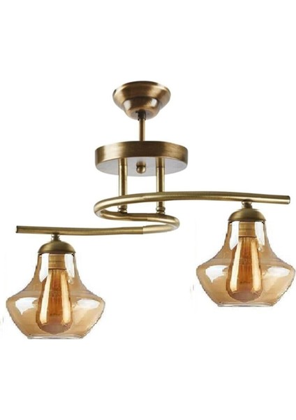 2 Fuji Eskitme Renk Bal Camlı Salon - Mutfak - Yatak Odası 2 Li Avize E27 Cam Altın