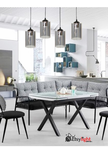 Cam Dora Black Sıralı Lüx 4 Antre Avize, Mutfak Avize, Salon Avize, Yemek Odası Avize Gri Modern 91