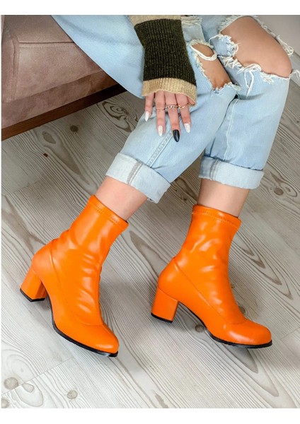 Kayli Orange Deri Streç Topuklu Kısa Çorap Bot